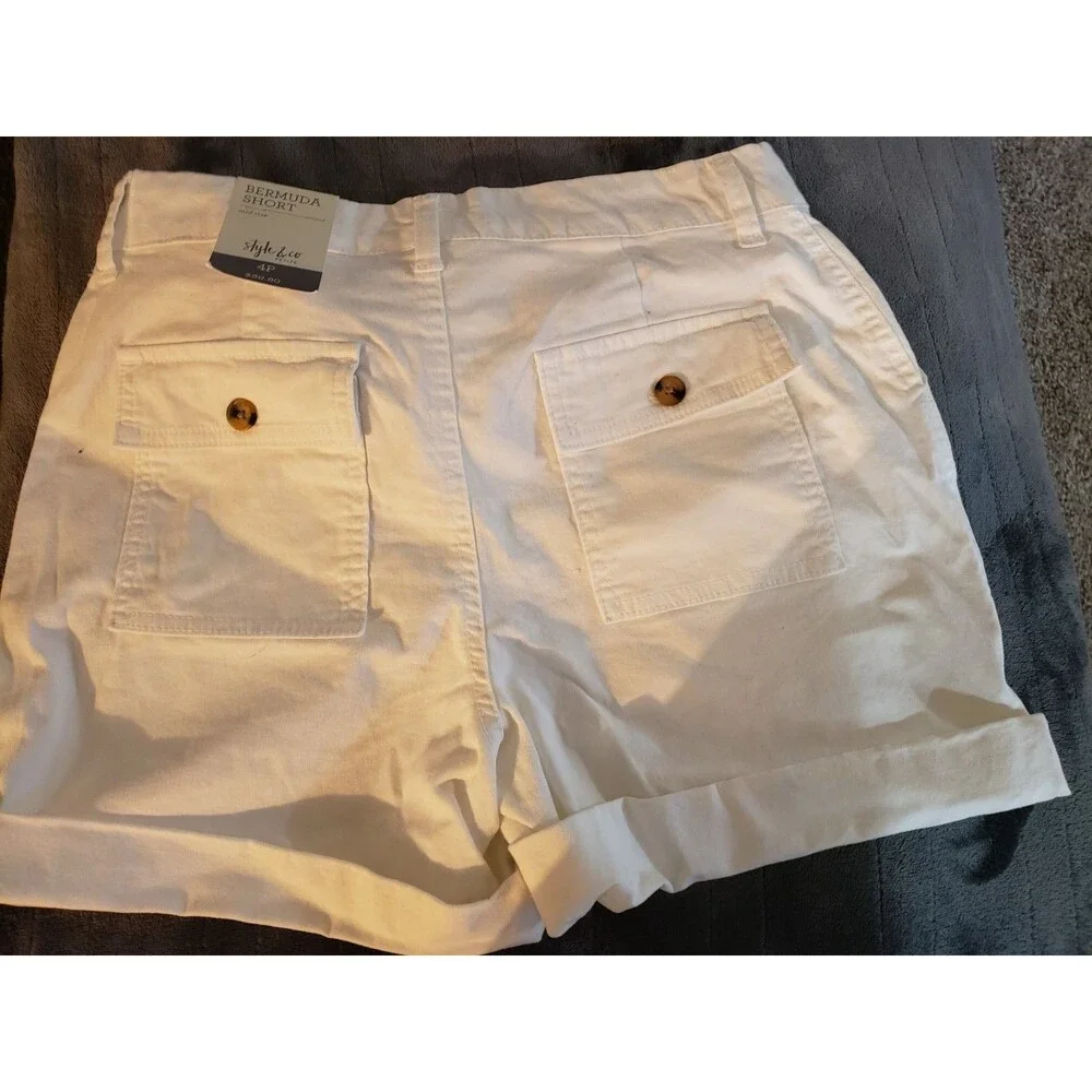 Style & Co Petite Cotton Rolled-Cuff Bermuda Shorts White Sz 4P NEW with TAGS